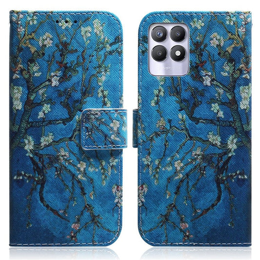 Pattern Printing Full Body Protective PU Leather Phone Case Stand Magnetic Wallet Folio Cover for Realme 8i/Narzo 50 4G - Apricot Blossom
