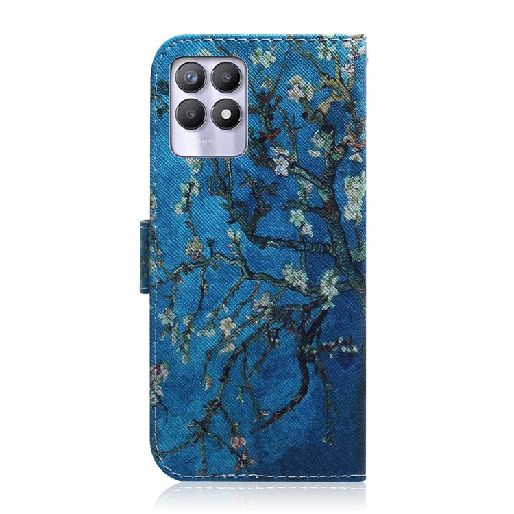 Pattern Printing Full Body Protective PU Leather Phone Case Stand Magnetic Wallet Folio Cover for Realme 8i/Narzo 50 4G - Apricot Blossom