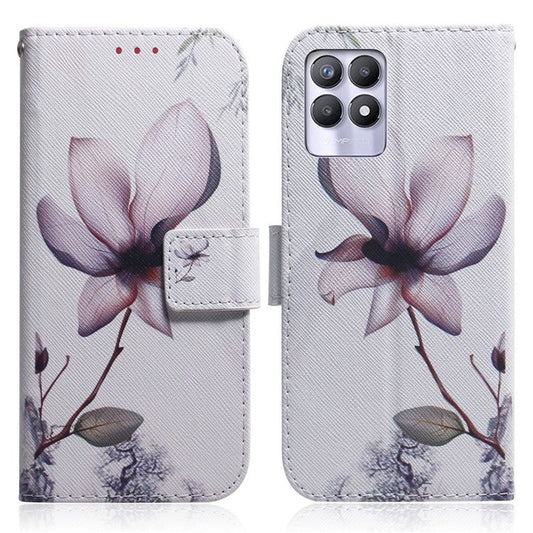 Pattern Printing Full Body Protective PU Leather Phone Case Stand Magnetic Wallet Folio Cover for Realme 8i/Narzo 50 4G - Magnolia Flower