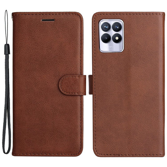 For Realme 8i/Narzo 50 4G KT Leather Series-2 Solid Color Anti-scratch PU Leather Shell Magnetic Closure Wrist Strap Phone Cover with Wallet Stand - Brown