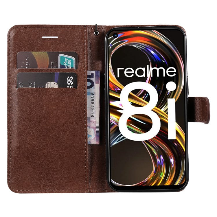 For Realme 8i/Narzo 50 4G KT Leather Series-2 Solid Color Anti-scratch PU Leather Shell Magnetic Closure Wrist Strap Phone Cover with Wallet Stand - Brown