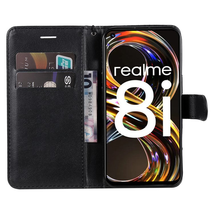 For Realme 8i/Narzo 50 4G KT Leather Series-2 Solid Color Anti-scratch PU Leather Shell Magnetic Closure Wrist Strap Phone Cover with Wallet Stand - Black