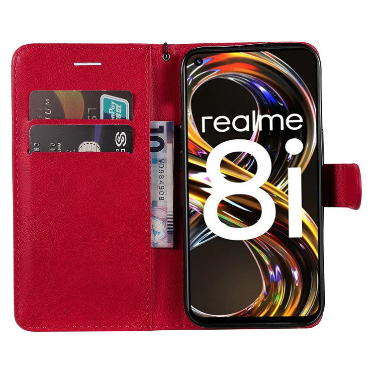For Realme 8i/Narzo 50 4G KT Leather Series-2 Solid Color Anti-scratch PU Leather Shell Magnetic Closure Wrist Strap Phone Cover with Wallet Stand - Red
