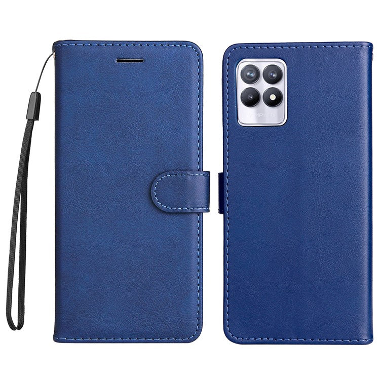 For Realme 8i/Narzo 50 4G KT Leather Series-2 Solid Color Anti-scratch PU Leather Shell Magnetic Closure Wrist Strap Phone Cover with Wallet Stand - Blue