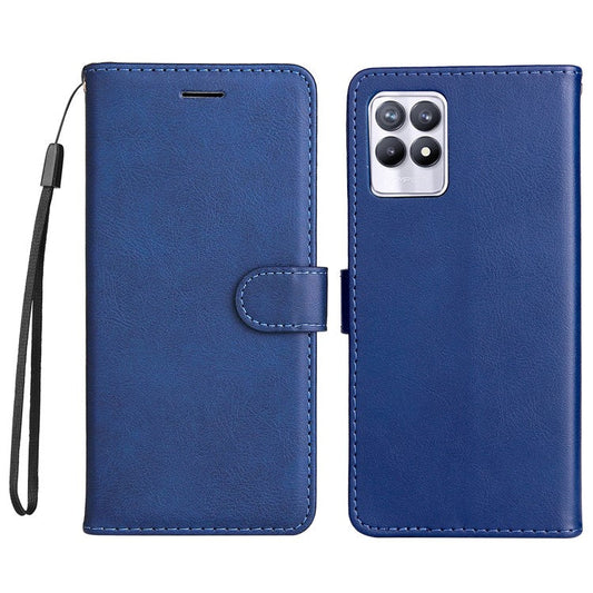 For Realme 8i/Narzo 50 4G KT Leather Series-2 Solid Color Anti-scratch PU Leather Shell Magnetic Closure Wrist Strap Phone Cover with Wallet Stand - Blue