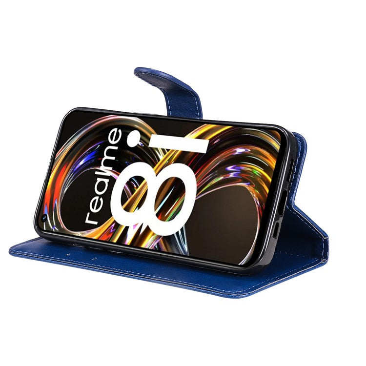 For Realme 8i/Narzo 50 4G KT Leather Series-2 Solid Color Anti-scratch PU Leather Shell Magnetic Closure Wrist Strap Phone Cover with Wallet Stand - Blue