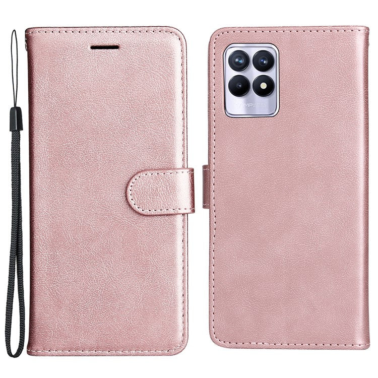 For Realme 8i/Narzo 50 4G KT Leather Series-2 Solid Color Anti-scratch PU Leather Shell Magnetic Closure Wrist Strap Phone Cover with Wallet Stand - Rose Gold