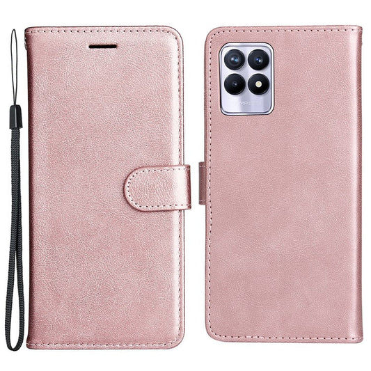 For Realme 8i/Narzo 50 4G KT Leather Series-2 Solid Color Anti-scratch PU Leather Shell Magnetic Closure Wrist Strap Phone Cover with Wallet Stand - Rose Gold
