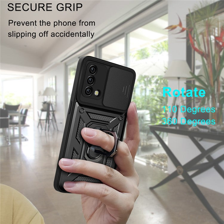 For Oppo A74 4G Camera Slide Cover Ring Holder Kickstand Shockproof PC + TPU Phone Case - Red
