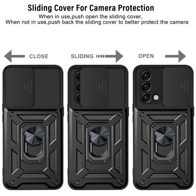 For Oppo A74 4G Camera Slide Cover Ring Holder Kickstand Shockproof PC + TPU Phone Case - Green