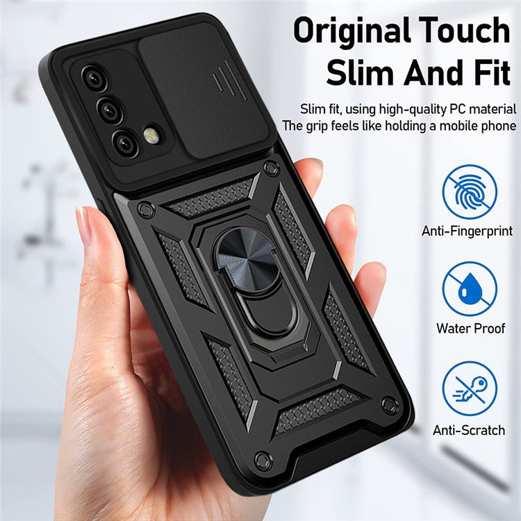 For Oppo A74 4G Camera Slide Cover Ring Holder Kickstand Shockproof PC + TPU Phone Case - Green