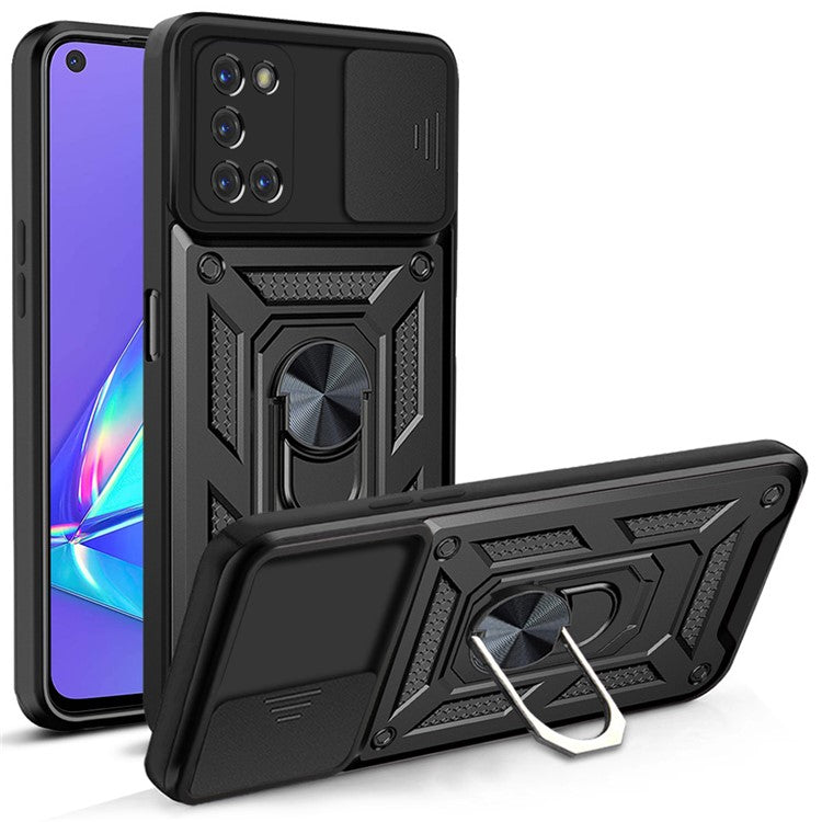 Ring Holder Kickstand Camera Slide Cover Design PC + TPU Phone Back Cover Case for OPPO A52/A72/A92 - Black