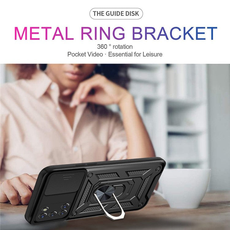 Ring Holder Kickstand Camera Slide Cover Design PC + TPU Phone Back Cover Case for OPPO A52/A72/A92 - Black