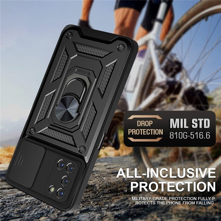 Ring Holder Kickstand Camera Slide Cover Design PC + TPU Phone Back Cover Case for OPPO A52/A72/A92 - Black