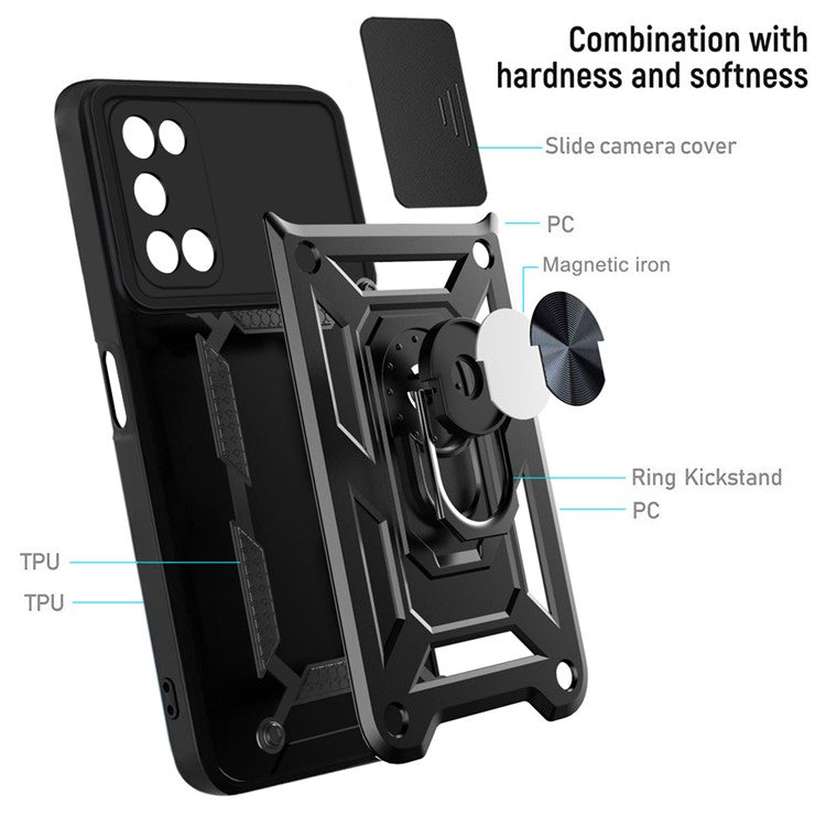 Ring Holder Kickstand Camera Slide Cover Design PC + TPU Phone Back Cover Case for OPPO A52/A72/A92 - Black