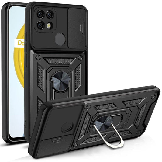 Camera Slide Cover Shockproof Anti-fall Ring Holder Kickstand PC + TPU Phone Cover Case for Realme C21 - Black