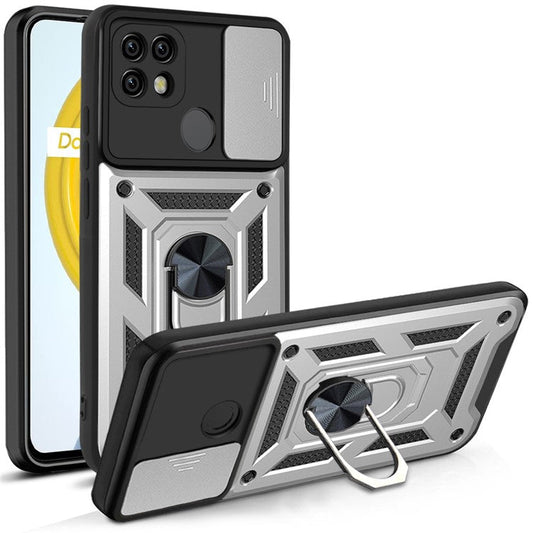 Camera Slide Cover Shockproof Anti-fall Ring Holder Kickstand PC + TPU Phone Cover Case for Realme C21 - Silver