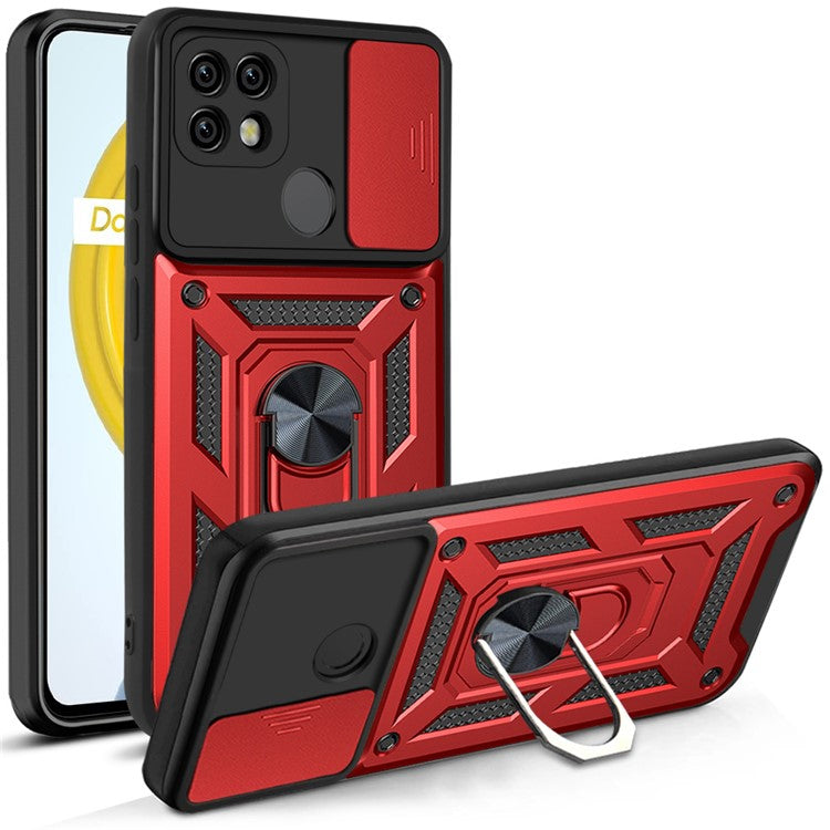Camera Slide Cover Shockproof Anti-fall Ring Holder Kickstand PC + TPU Phone Cover Case for Realme C21 - Red