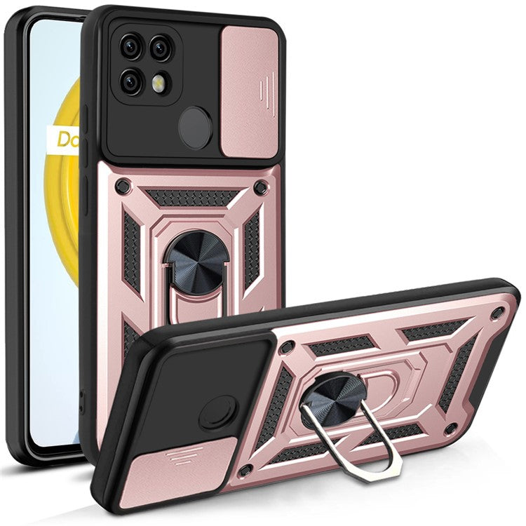 Camera Slide Cover Shockproof Anti-fall Ring Holder Kickstand PC + TPU Phone Cover Case for Realme C21 - Rose Gold