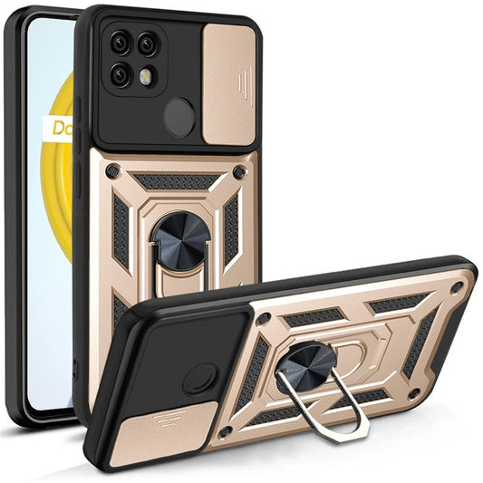 Camera Slide Cover Shockproof Anti-fall Ring Holder Kickstand PC + TPU Phone Cover Case for Realme C21 - Gold