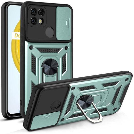 Camera Slide Cover Shockproof Anti-fall Ring Holder Kickstand PC + TPU Phone Cover Case for Realme C21 - Green