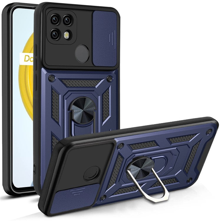 Camera Slide Cover Shockproof Anti-fall Ring Holder Kickstand PC + TPU Phone Cover Case for Realme C21 - Blue