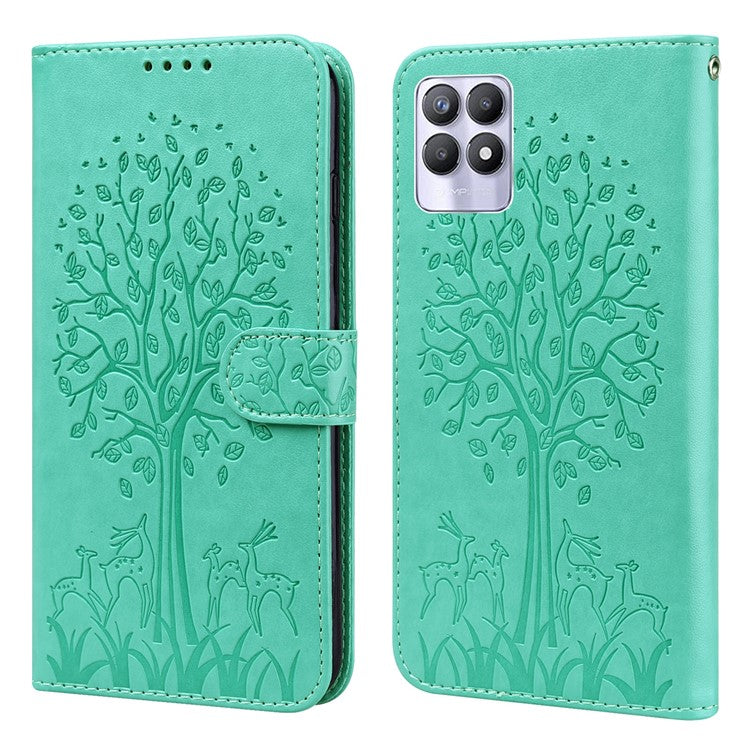 For Realme 8i/Narzo 50 4G Deer Tree Pattern Imprint PU Leather Wallet Stand Mobile Phone Protective Cover Shell - Green
