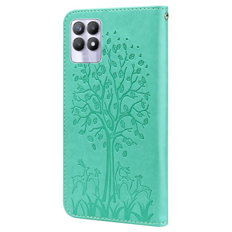 For Realme 8i/Narzo 50 4G Deer Tree Pattern Imprint PU Leather Wallet Stand Mobile Phone Protective Cover Shell - Green