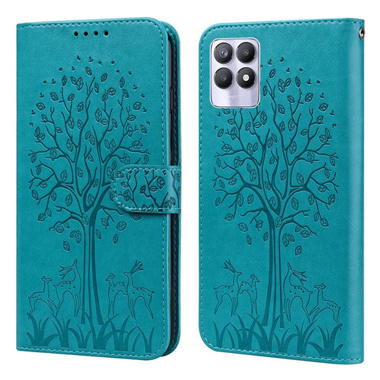 For Realme 8i/Narzo 50 4G Deer Tree Pattern Imprint PU Leather Wallet Stand Mobile Phone Protective Cover Shell - Blue
