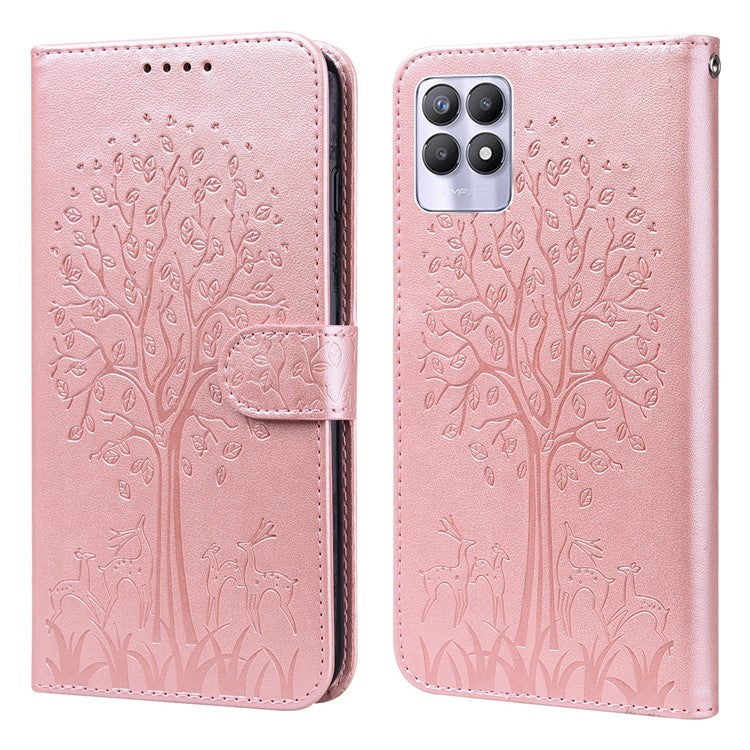 For Realme 8i/Narzo 50 4G Deer Tree Pattern Imprint PU Leather Wallet Stand Mobile Phone Protective Cover Shell - Pink