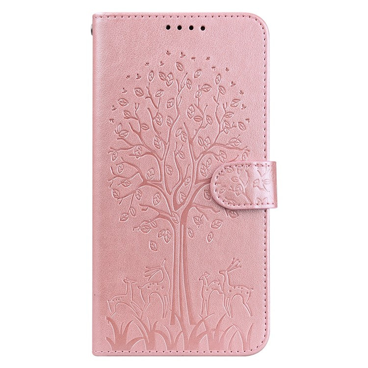 For Realme 8i/Narzo 50 4G Deer Tree Pattern Imprint PU Leather Wallet Stand Mobile Phone Protective Cover Shell - Pink
