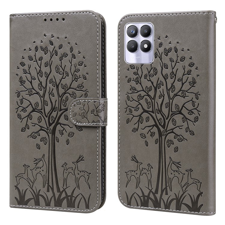 For Realme 8i/Narzo 50 4G Deer Tree Pattern Imprint PU Leather Wallet Stand Mobile Phone Protective Cover Shell - Grey
