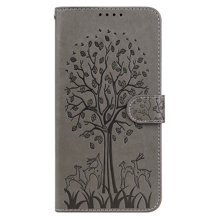 For Realme 8i/Narzo 50 4G Deer Tree Pattern Imprint PU Leather Wallet Stand Mobile Phone Protective Cover Shell - Grey