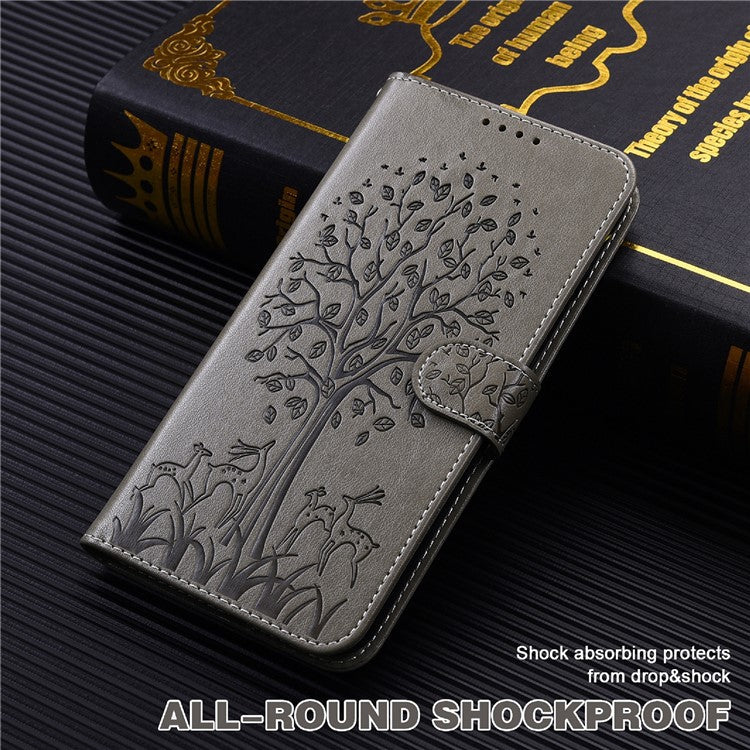 For Realme 8i/Narzo 50 4G Deer Tree Pattern Imprint PU Leather Wallet Stand Mobile Phone Protective Cover Shell - Grey