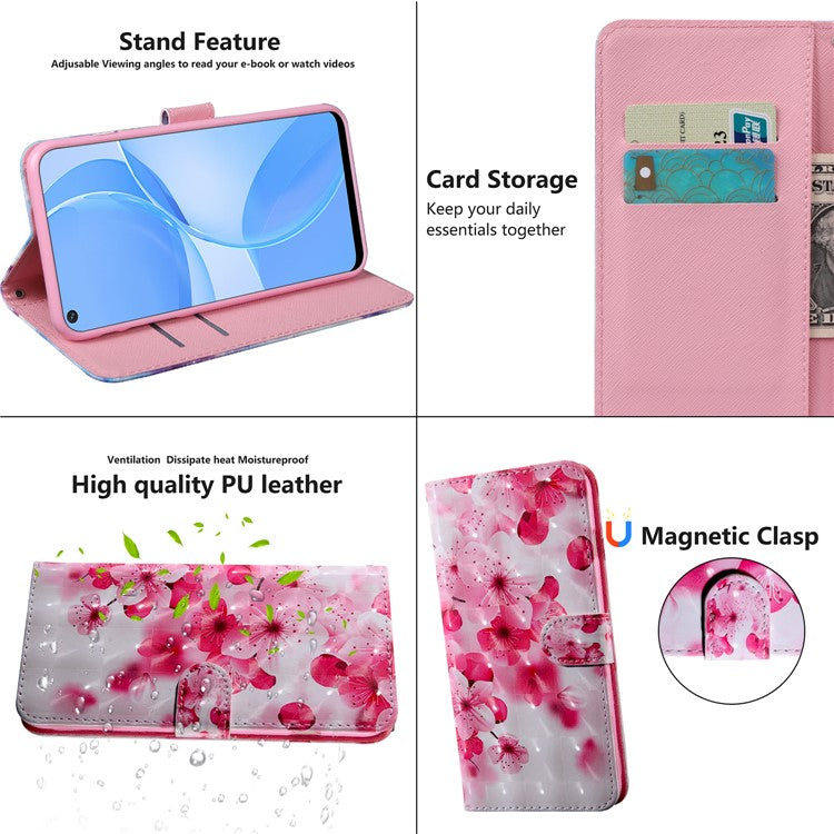 PU Leather Wallet Phone Cover 3D Pattern Printing Stand Flip Folio Case with Strap for Oppo A53 5G - Peach Blossom
