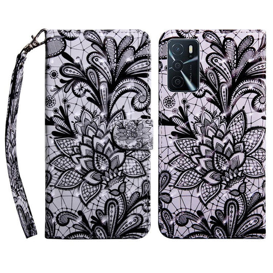 3D Pattern Printing PU Leather Soft TPU Inner Wallet Stand Flip Case with Strap for Oppo A16 / A16s / A54s / A54 4G / A55 5G - Lace Flower