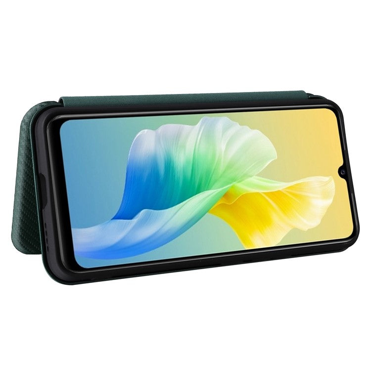 For vivo S10e/V23e Ring Strap Anti-fall Carbon Fiber Texture Auto-absorbed Magnetic Closure Leather Phone Case with Stand - Green