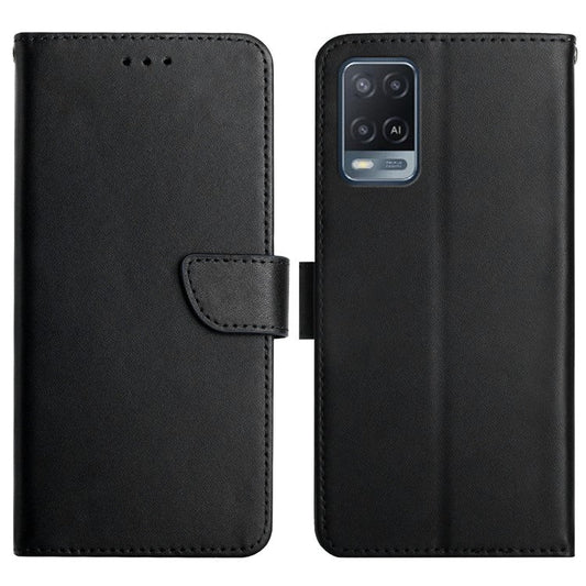 Nappa Texture Folio Flip Genuine Leather Phone Case Shockproof Magnetic Closure Stand Wallet Cover for Oppo A54 4G/A54s/A16/A16s - Black