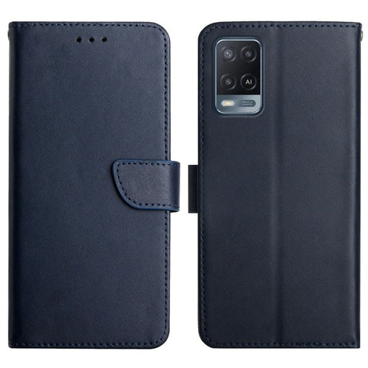 Nappa Texture Folio Flip Genuine Leather Phone Case Shockproof Magnetic Closure Stand Wallet Cover for Oppo A54 4G/A54s/A16/A16s - Blue