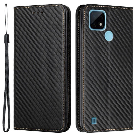 Carbon Fiber Texture PU Leather Case Auto Magnetic Closed Flip Stand Wallet Cover for Realme C21 - Black