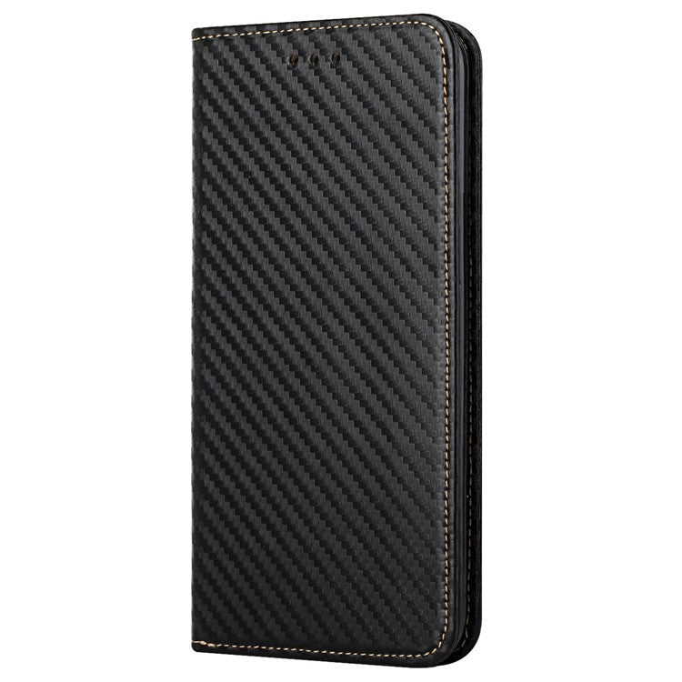 Carbon Fiber Texture PU Leather Case Auto Magnetic Closed Flip Stand Wallet Cover for Realme C21 - Black
