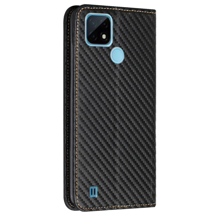 Carbon Fiber Texture PU Leather Case Auto Magnetic Closed Flip Stand Wallet Cover for Realme C21 - Black