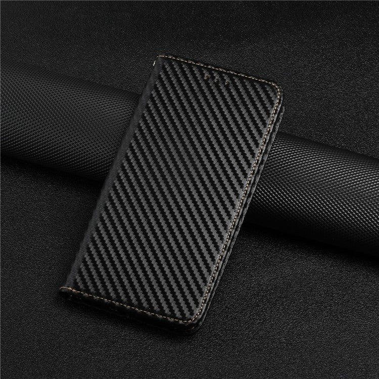 Carbon Fiber Texture PU Leather Case Auto Magnetic Closed Flip Stand Wallet Cover for Realme C21 - Black