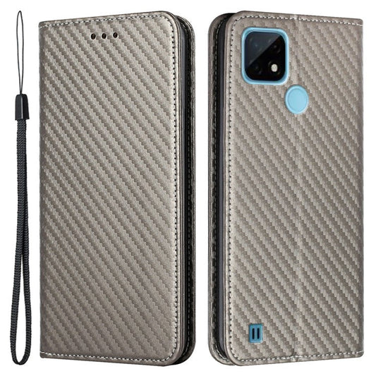 Carbon Fiber Texture PU Leather Case Auto Magnetic Closed Flip Stand Wallet Cover for Realme C21 - Grey