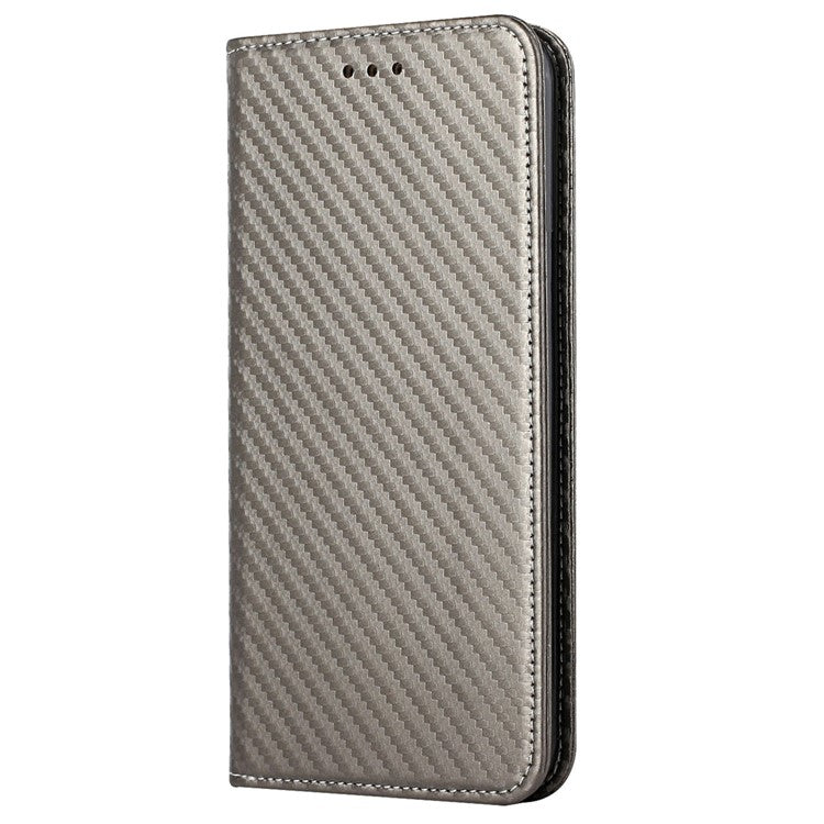 Carbon Fiber Texture PU Leather Case Auto Magnetic Closed Flip Stand Wallet Cover for Realme C21 - Grey