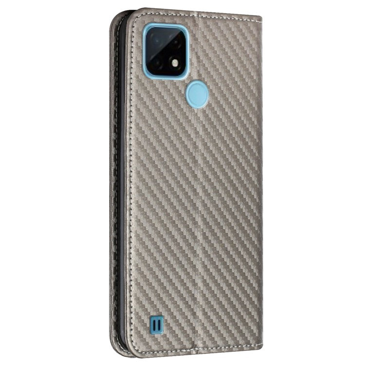 Carbon Fiber Texture PU Leather Case Auto Magnetic Closed Flip Stand Wallet Cover for Realme C21 - Grey