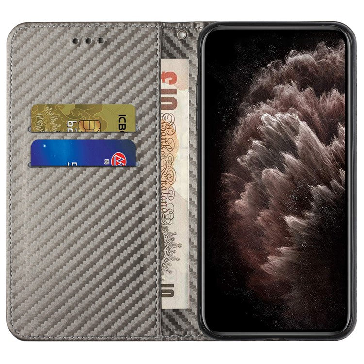 Carbon Fiber Texture PU Leather Case Auto Magnetic Closed Flip Stand Wallet Cover for Realme C21 - Grey