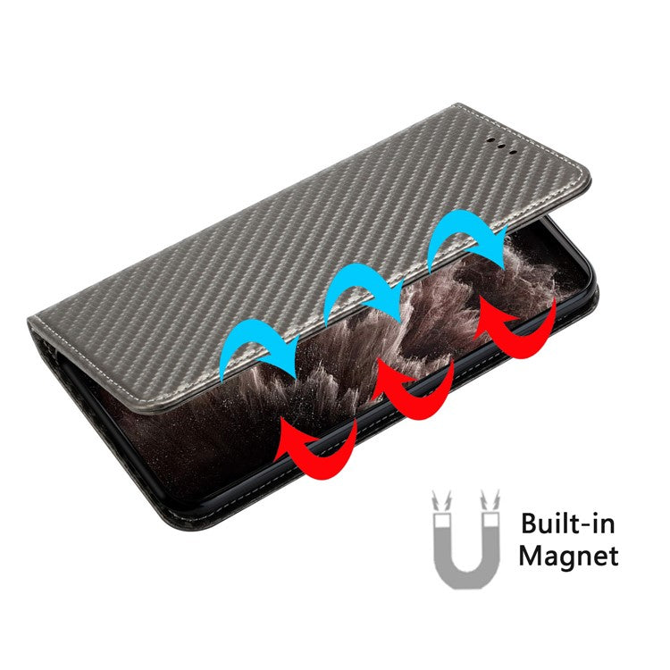 Carbon Fiber Texture PU Leather Case Auto Magnetic Closed Flip Stand Wallet Cover for Realme C21 - Grey