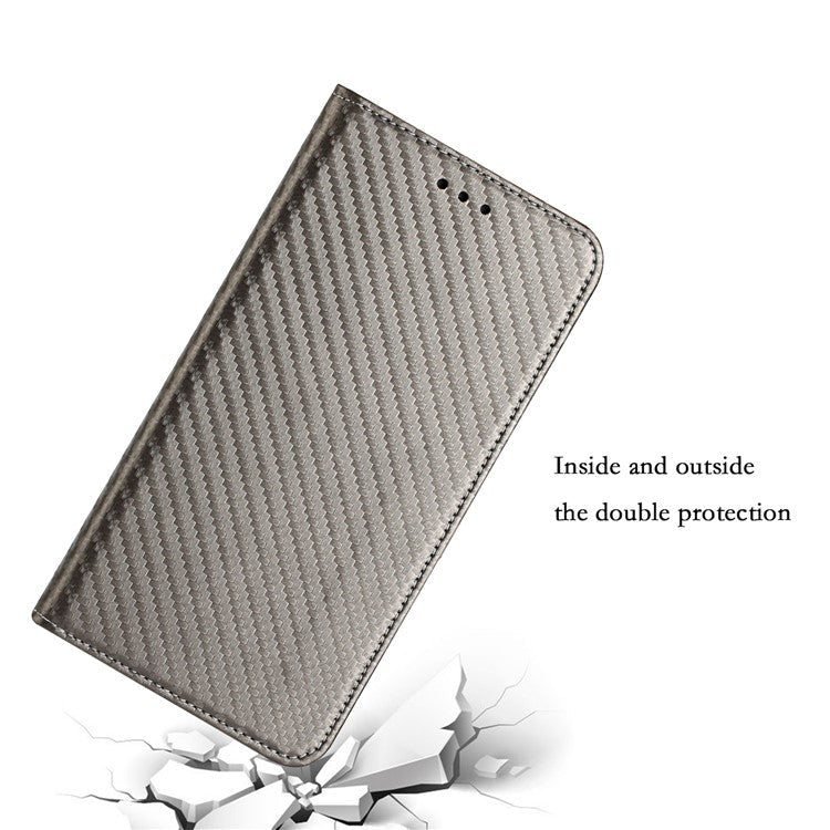 Carbon Fiber Texture PU Leather Case Auto Magnetic Closed Flip Stand Wallet Cover for Realme C21 - Grey