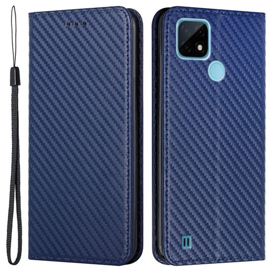 Carbon Fiber Texture PU Leather Case Auto Magnetic Closed Flip Stand Wallet Cover for Realme C21 - Blue